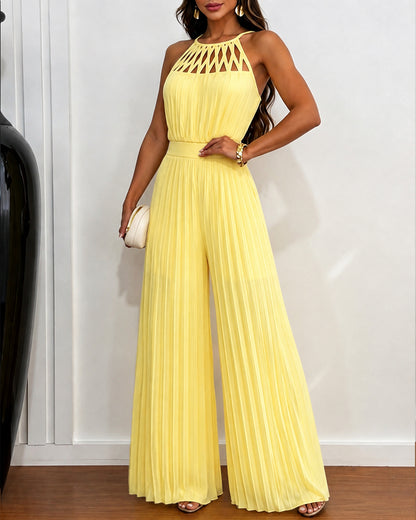 Women's Halter Tie Cutout Pleated Jumpsuit High Waist Shirred Wide Leg Overalls