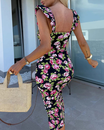 Women's Floral Midi Dress Sweetheart Neck Flutter Sleeve Side Slit Sundress Backless Vacation Dress with Built-In Bra