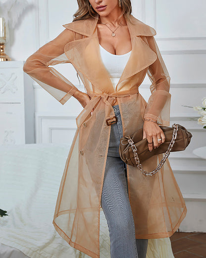 Notched Collar Long Sleeve Double Breasted Sheer Mesh Jacket Casual Longline Trench Coat with Belt