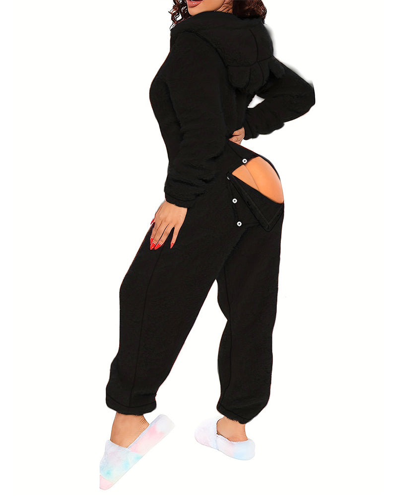 3D Ear Buttoned Flap Functional Fluffy Lounge Jumpsuit