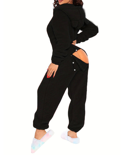 3D Ear Buttoned Flap Functional Fluffy Lounge Jumpsuit