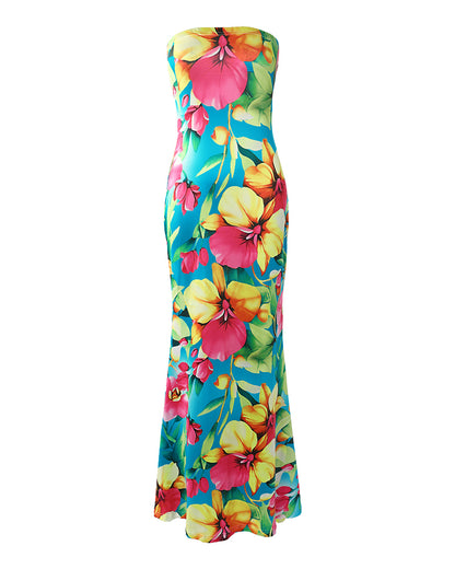 Floral Plants Print Bandeau Mermaid Dress