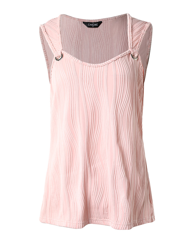 Women's Wave Textured Tank Top Eyelet Sleeveless Vest V-Neck Knit Casual Top