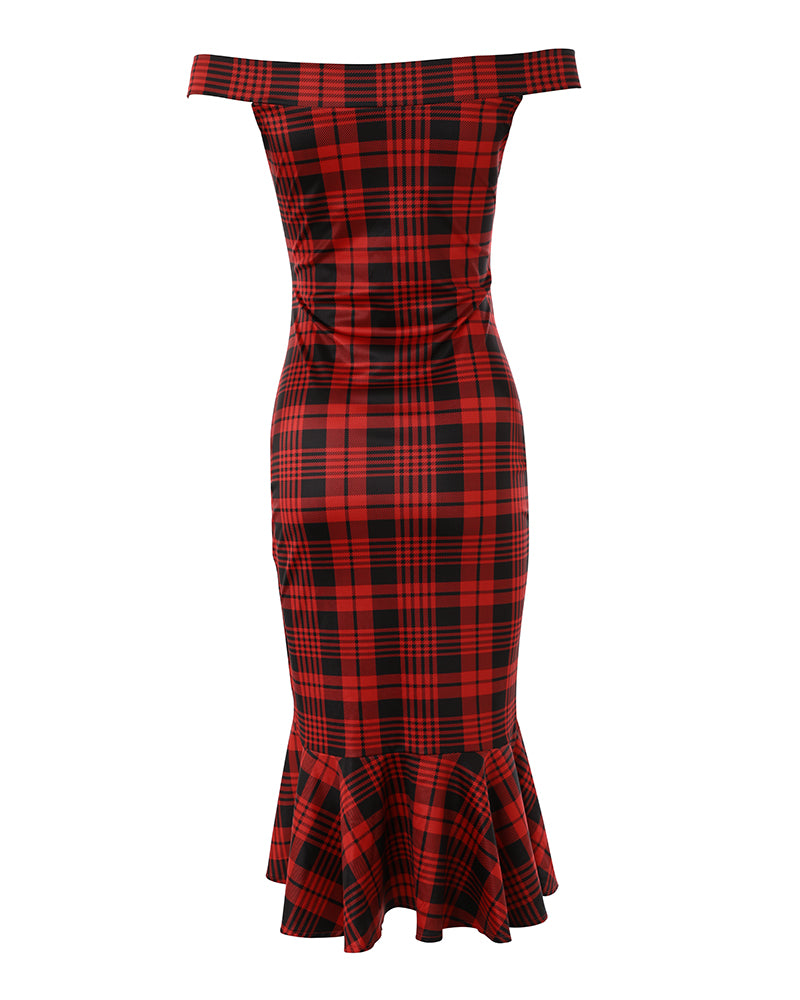 Plaid Off Shoulder Ruffle Hem Slit Dress
