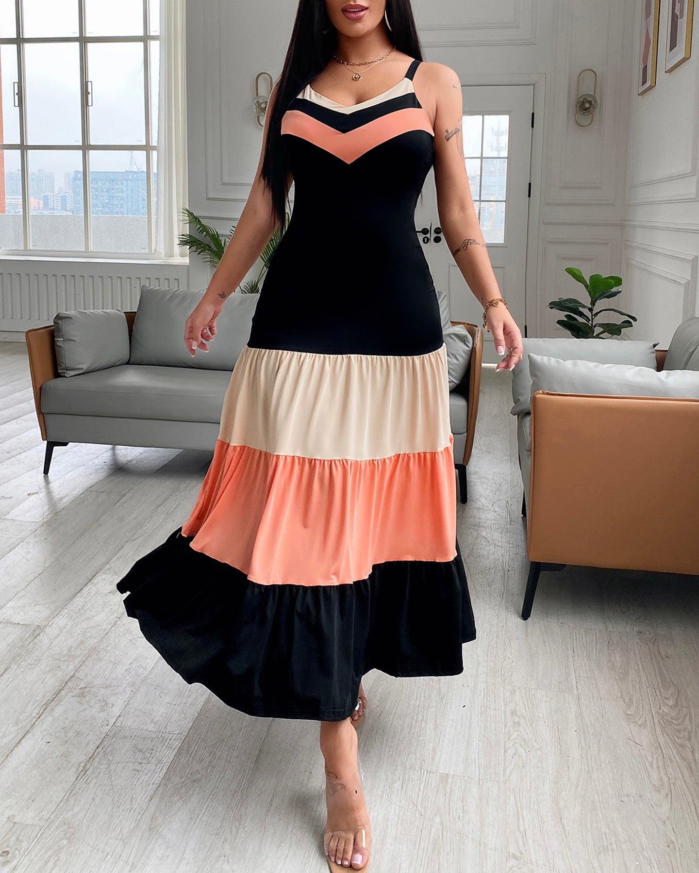 Spaghetti Strap Colorblock Ruched Ruffles Maxi Dress