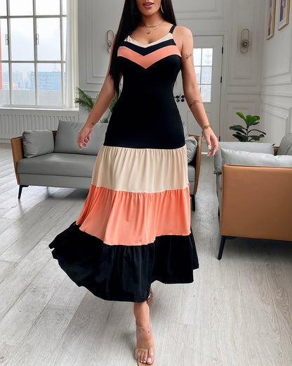 Spaghetti Strap Colorblock Ruched Ruffles Maxi Dress