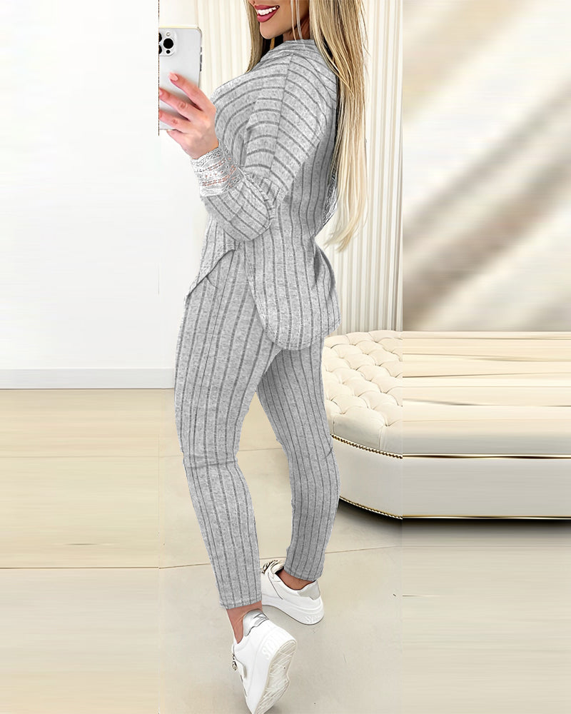 2 Pieces Outfit Drop Shoulder Lace Cuffs Asymmetrical Hem Drawstring Hoodie Top and Elastic Waist Slim Fit Pants Set Casual Brushed Ribbed Set