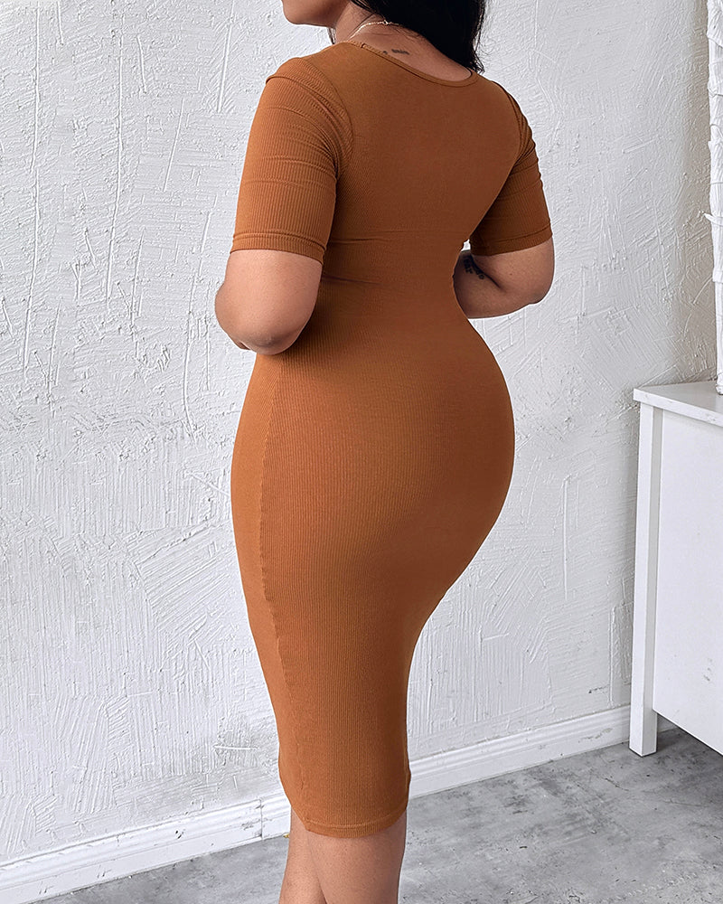 ChicMe Short Sleeve Bodycon Mid-Length Dress Square Neck Slim Fit Dress