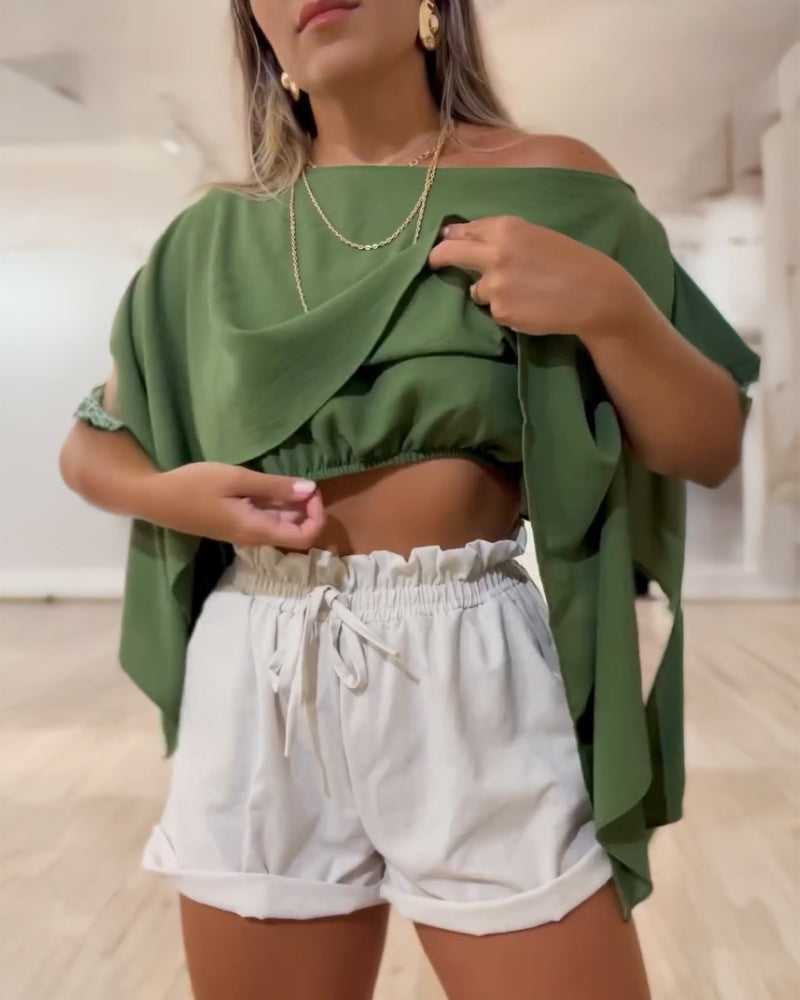 Solid Color Off Shoulder Split Sleeve Versatile Crop Blouse with Elastic Hem Bandeau Top