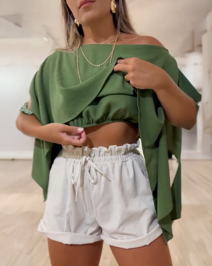 Solid Color Off Shoulder Split Sleeve Versatile Crop Blouse with Elastic Hem Bandeau Top