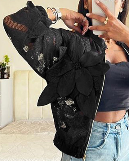 3D Flower Decor Stand Collar Zipper Front Sheer Lace Crop Jacket Casual Stretchy Cuffs Lightweight Breathable Loose Fit Coat