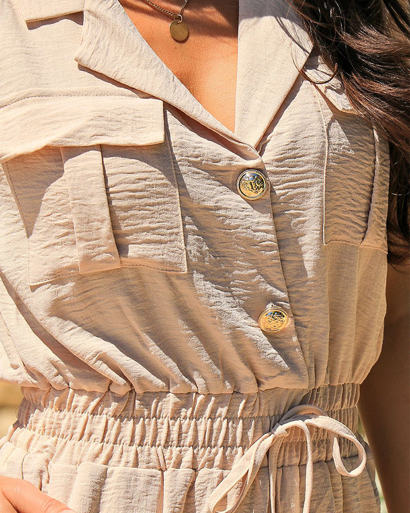 Notched Collar Sleeveless Button Front Stretchy Drawstring Waist Overalls Casual Flap Pockets Design Cuffed Jumpsuit