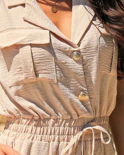 Notched Collar Sleeveless Button Front Stretchy Drawstring Waist Overalls Casual Flap Pockets Design Cuffed Jumpsuit