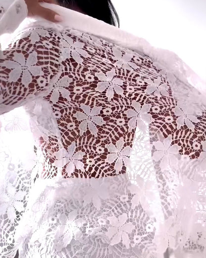 2 Pieces Outfit Lace Hollow Out Long Sleeve Blouse and Romantic Lace Trim Shorts Set