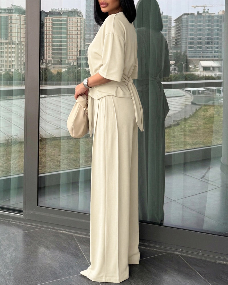 Women's 2 Piece Outfits Tied Waist Half Sleeve Top and High Waisted Pleated Wide Leg Pants Casual Loungewear