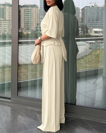 Women's 2 Piece Outfits Tied Waist Half Sleeve Top and High Waisted Pleated Wide Leg Pants Casual Loungewear