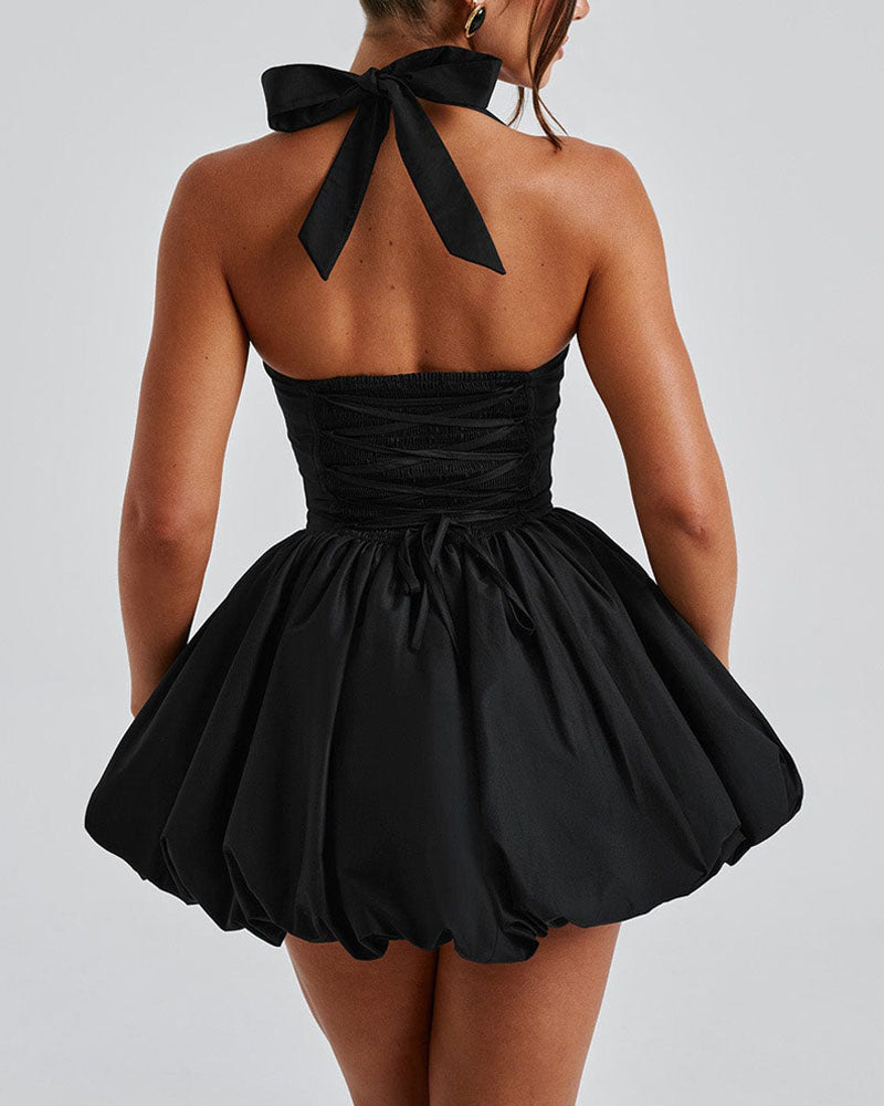 Halter Sleeveless Lace-up Bowknot Backless A Line Dress Sexy Mini Dress