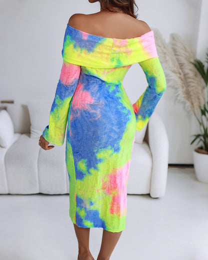 Tie Dye Print Foldover Off Shoulder Long Sleeve Textured Bodycon Dress Casual Ripped Detail High Strech Vacation Dress