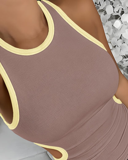 Women's Ribbed Contrast Trim Tank Top Sleeveless Crew Neck Cutout Slim Fit Stretch Casual Top