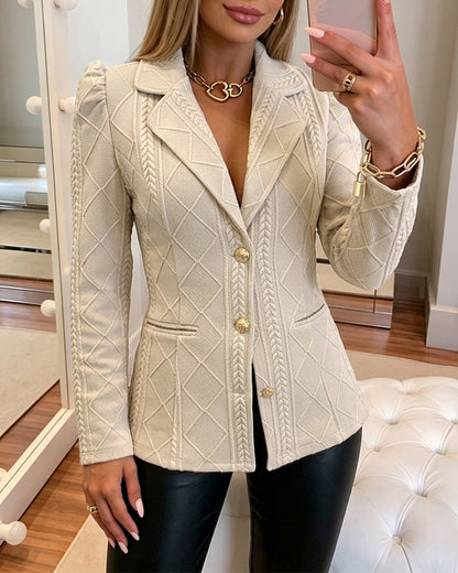Women's Elegant Argyle Textured Blazer Slim Fit Puff Sleeve Suit Jacket Gold Button Work Office Commuter Blazer with Pockets