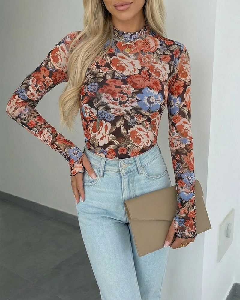 Vintage Allover Oil Painting Floral Print Mock Neck Long Sleeve Tee Slim Fit Frill Cuffs Sheer Mesh Layering Top with Thumb Hole Cuffs