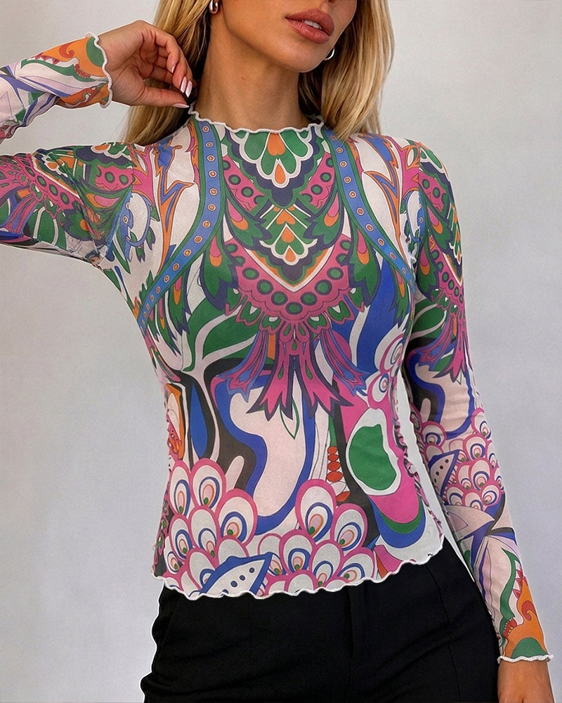 Women's Vintage Abstract Print Sheer Mesh Top Frill Trim Mock Neck Long Sleeve Tee
