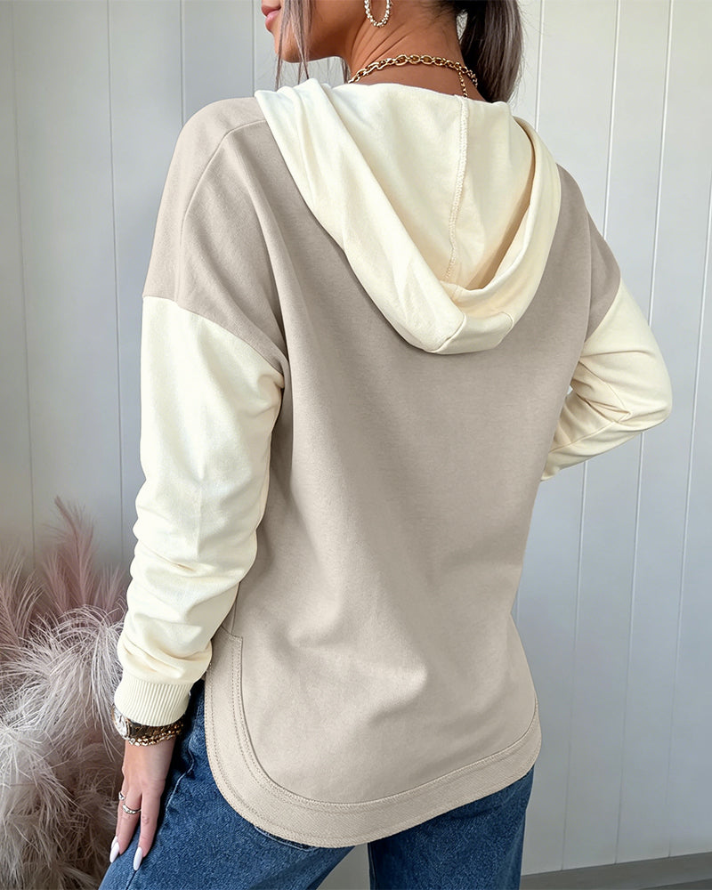 Women's Colorblock V Neck Hoodie Drawstring Curved Hem Sweatshirt Casual Slit Top