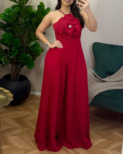 Sparkling Rhinestone 3D Flower Decor Halter Jumpsuit Elegant Waist Wide Leg Pleated Romper