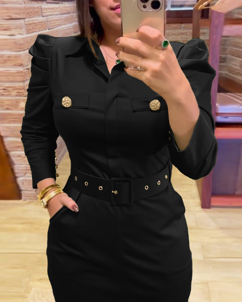 Turn-down Collar Long Sleeve Button Decor Front Slit Slim Fit Mid-Calf Dress Work Bodycon