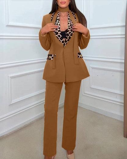 2 Pieces Outfit Metal Decor Leopard Print Spliced Shawl Collar Single Breasted Flap Detail Coat and Zipper Fly Pants Set Casual Blazer Set with Utility Belt
