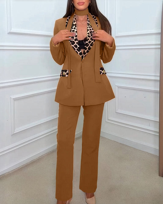 2 Pieces Outfit Metal Decor Leopard Print Spliced Shawl Collar Single Breasted Flap Detail Coat and Zipper Fly Pants Set Casual Blazer Set with Utility Belt