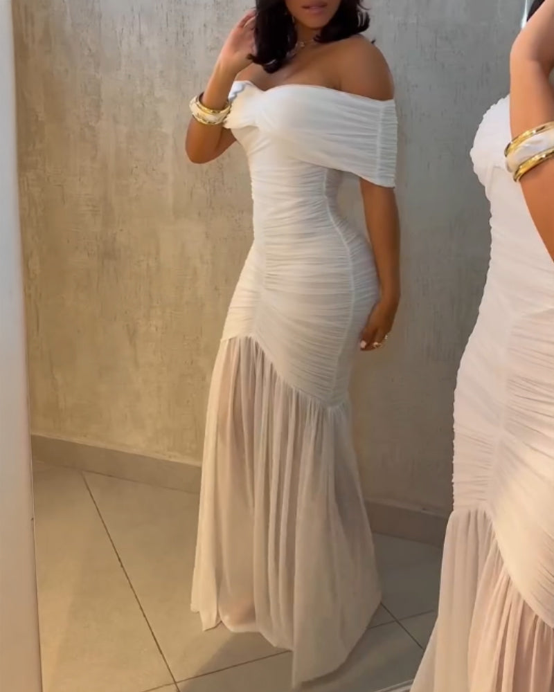 Foldover Off Shoulder Ruched Cinched Waist Minimalist Evening Dress Slim Fit Mermaid Hem Party Dress