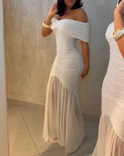 Foldover Off Shoulder Ruched Cinched Waist Minimalist Evening Dress Slim Fit Mermaid Hem Party Dress