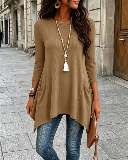 Women's Ribbed Asymmetrical Hem Top Crewneck Three Quarters Sleeve A-Line Casual Top