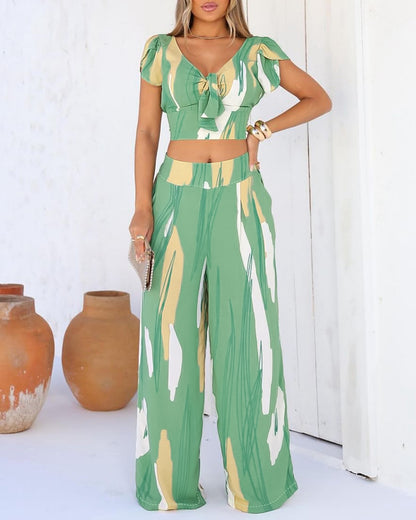 2 Pieces Outfit V Neck Petal Sleeve Tie Front Shirred Back Hem Crop Top and High Waist Elastic Back Waist Wide Leg Pants Set Casual Colorblock Abstract Print Set