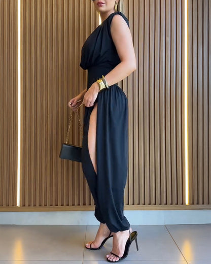 Padded Shoulders Sleeveless Cinched Waist Side High Slit Overalls Casual Hollow-out Back Ruched Jumpsuit