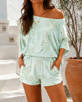 Women's Daisy Print Lounge Set Convertible Boat Neck Short Sleeve Top and Shorts Casual Pajama Set