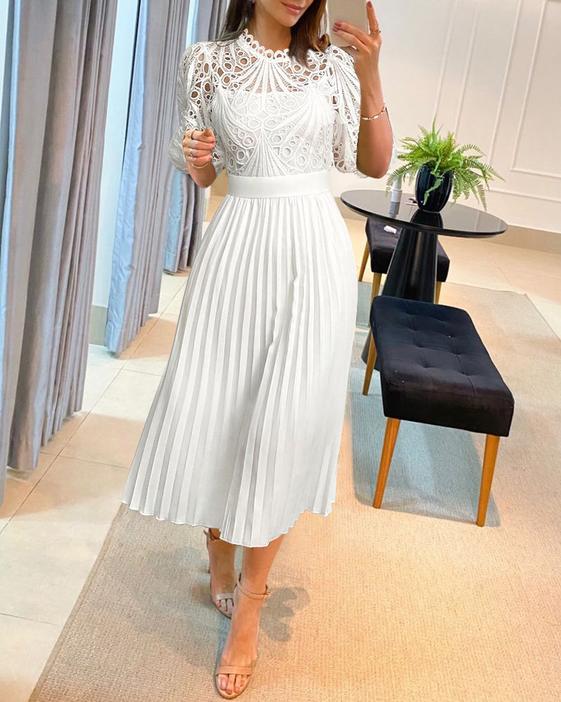 Stand Collar Puff Sleeve Lace Hollow out Party Dress Zipper Back Pleated Dress