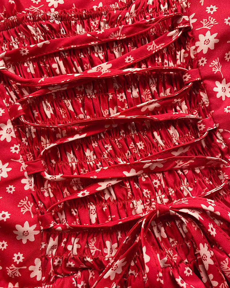 Floral Print Square Neck Thick Strap Tied Detail Romper Casual Shirred Lace-up Back Slit Skort Romper