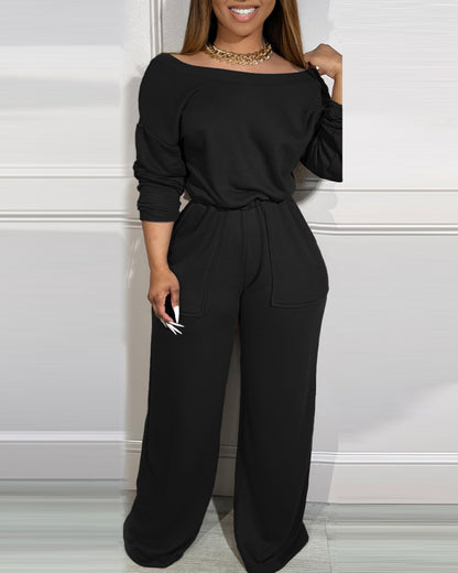 Off Shoulder V Back Elastic Waist Pockets Design Jumpsuit Casual Drop Shoulder Cinched Waist Wide Leg Jumpsuit