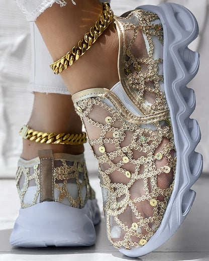 Contrast Sequin Sheer Mesh Patch Breathable Sneakers