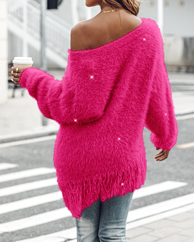 V-Neck Long Sleeve Sweater Fringe Pullover Casual Tassel Fall Winter Top