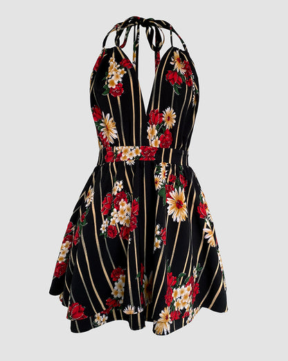 Women's Halter Tie Backless Romper Deep V Neck Rhinestone Floral Skorts Romper