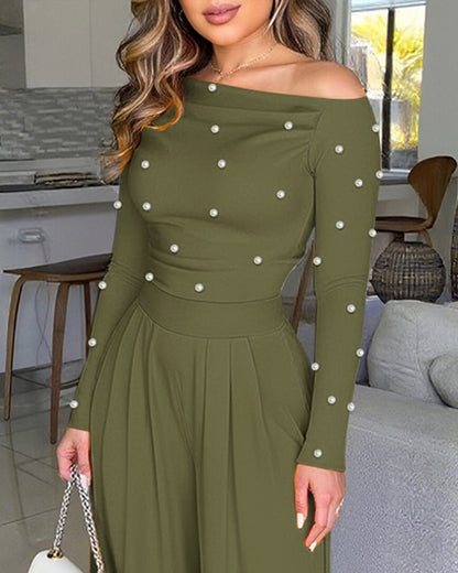 Pearls Decor Skew Neck Long Sleeve Cinched Waist Overalls Casual Ruched Zipper Back Wide Leg Jumpsuit