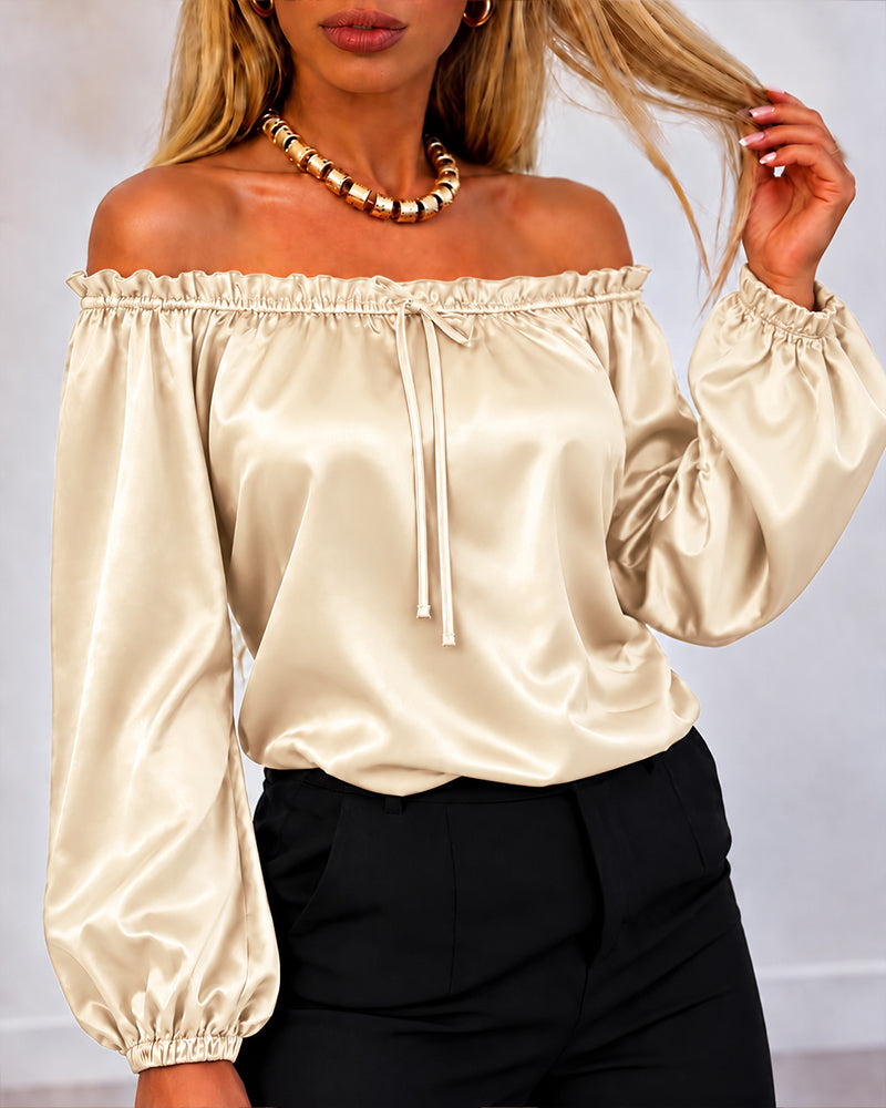Women's Off Shoulder Satin Frill Trim Tie Front Lantern Sleeve Top