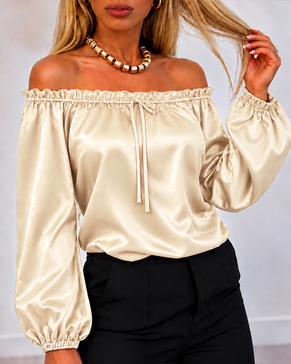 Women's Off Shoulder Satin Frill Trim Tie Front Lantern Sleeve Top