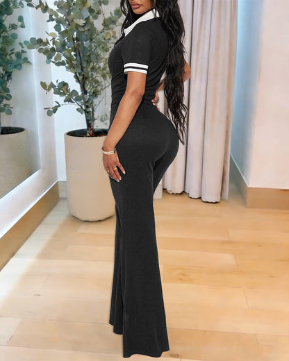 Women's Contrast Polo Neck Jumpsuit Short Sleeve Bodycon Romper Flared Leg Overalls with Snap Button Placket