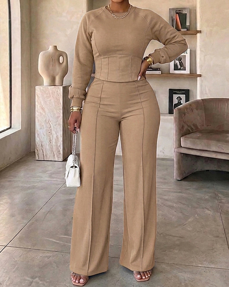 2 Pieces Outfit O-neck Long Sleeve Cinched Waist Sweatshirt and Elastic Waist Wide Leg Pants Set Casual Seam Design Sweatpants Set