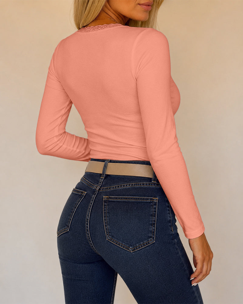 Women's Lace V Neck Ruched T Shirt Slim Fit Long Sleeve Tee Casual Elegant Top