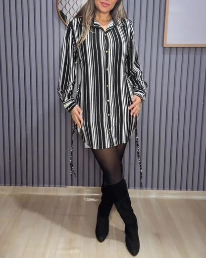 Women's Striped Shirt Dress Button Down Long Sleeve Shirred Waist Casual Dress